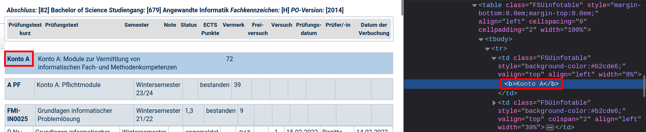 Screenshot of an account heading in the grades table