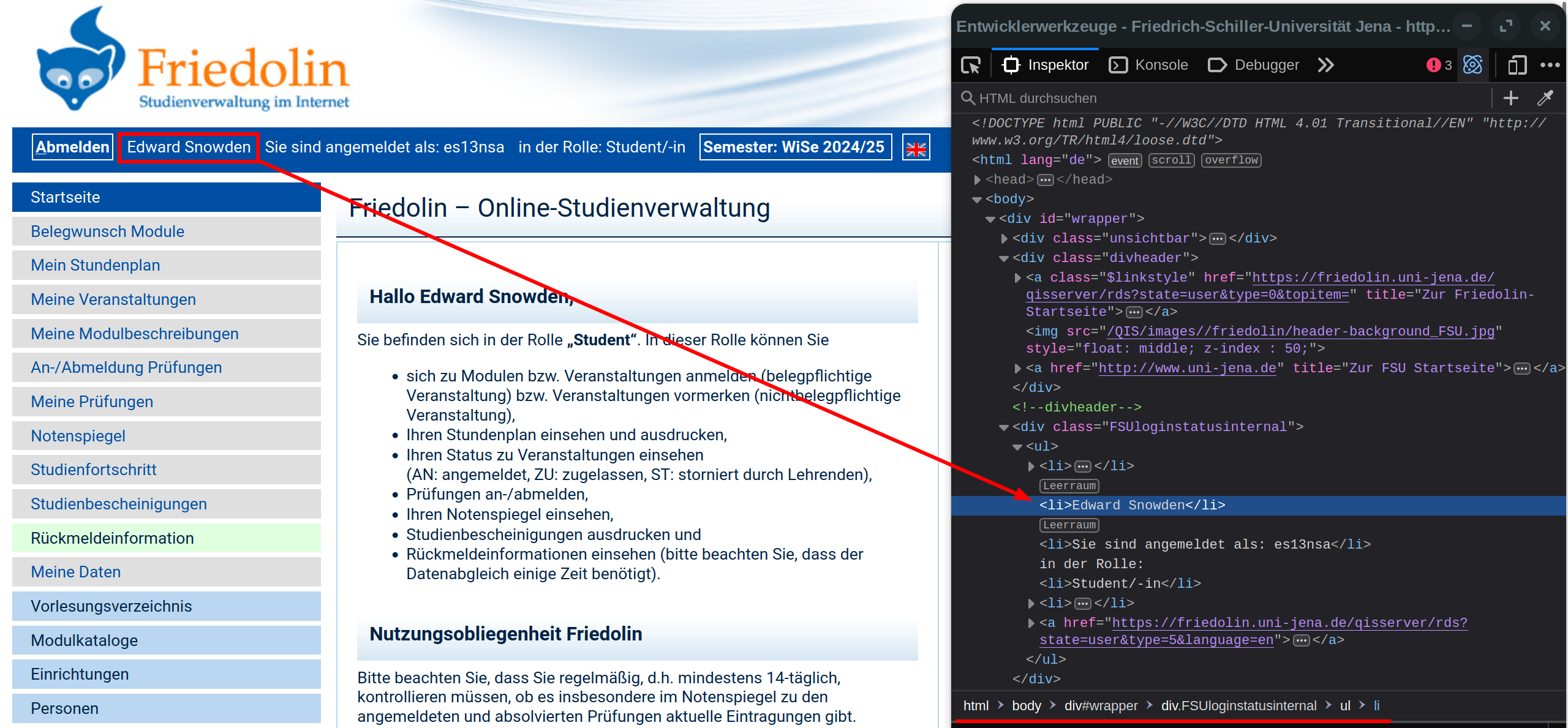 Screenshot of the Friedolin website showing the
 student's clear name