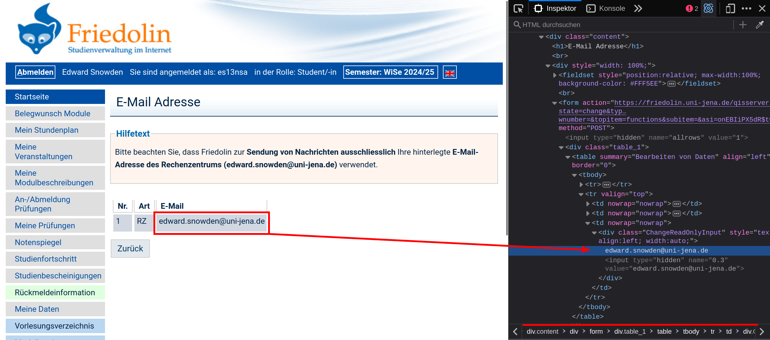 Screenshot of the Friedolin website showing the
 student's e-mail address