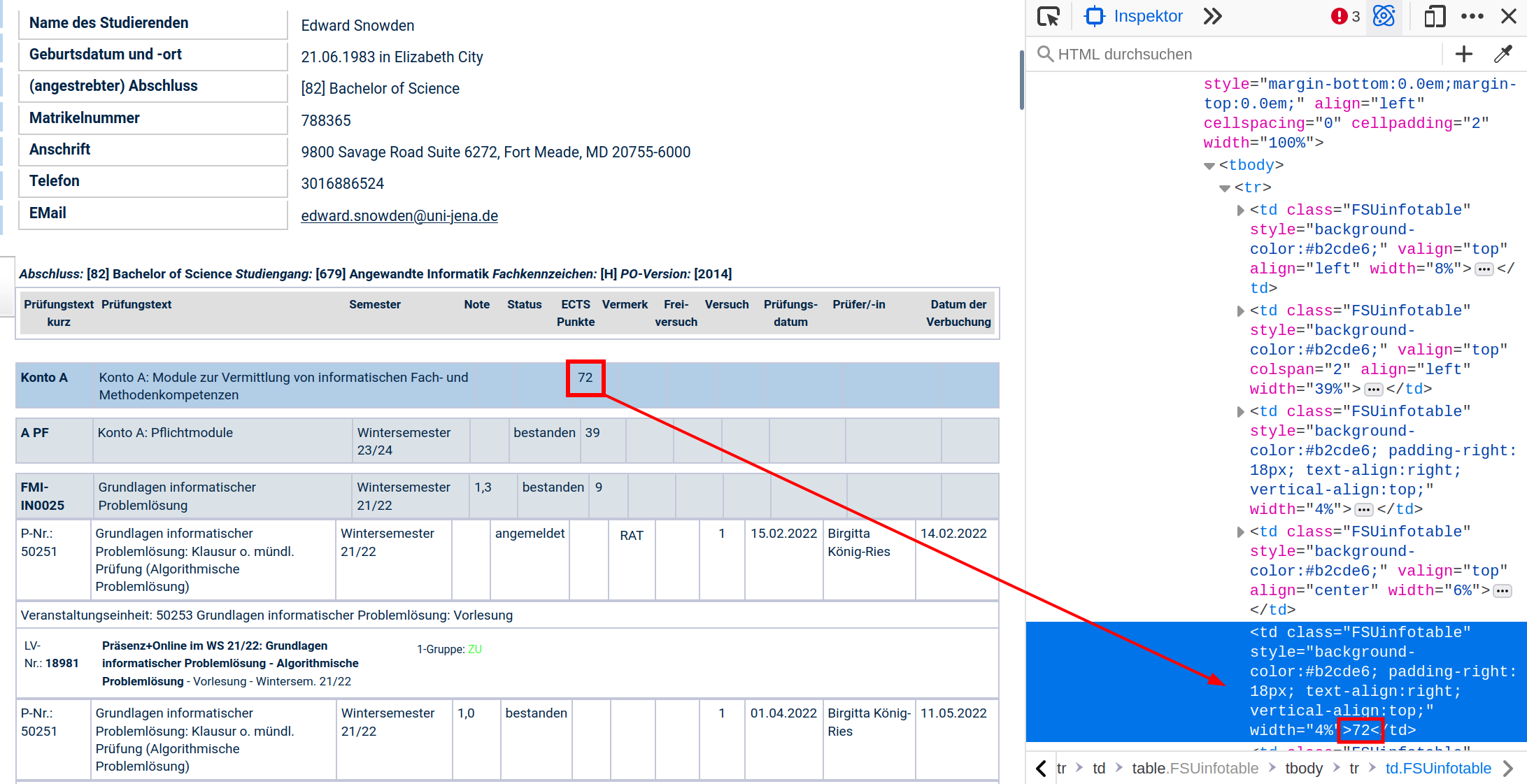 Screenshot of the Friedolin website showing
 the ECTS in an account heading