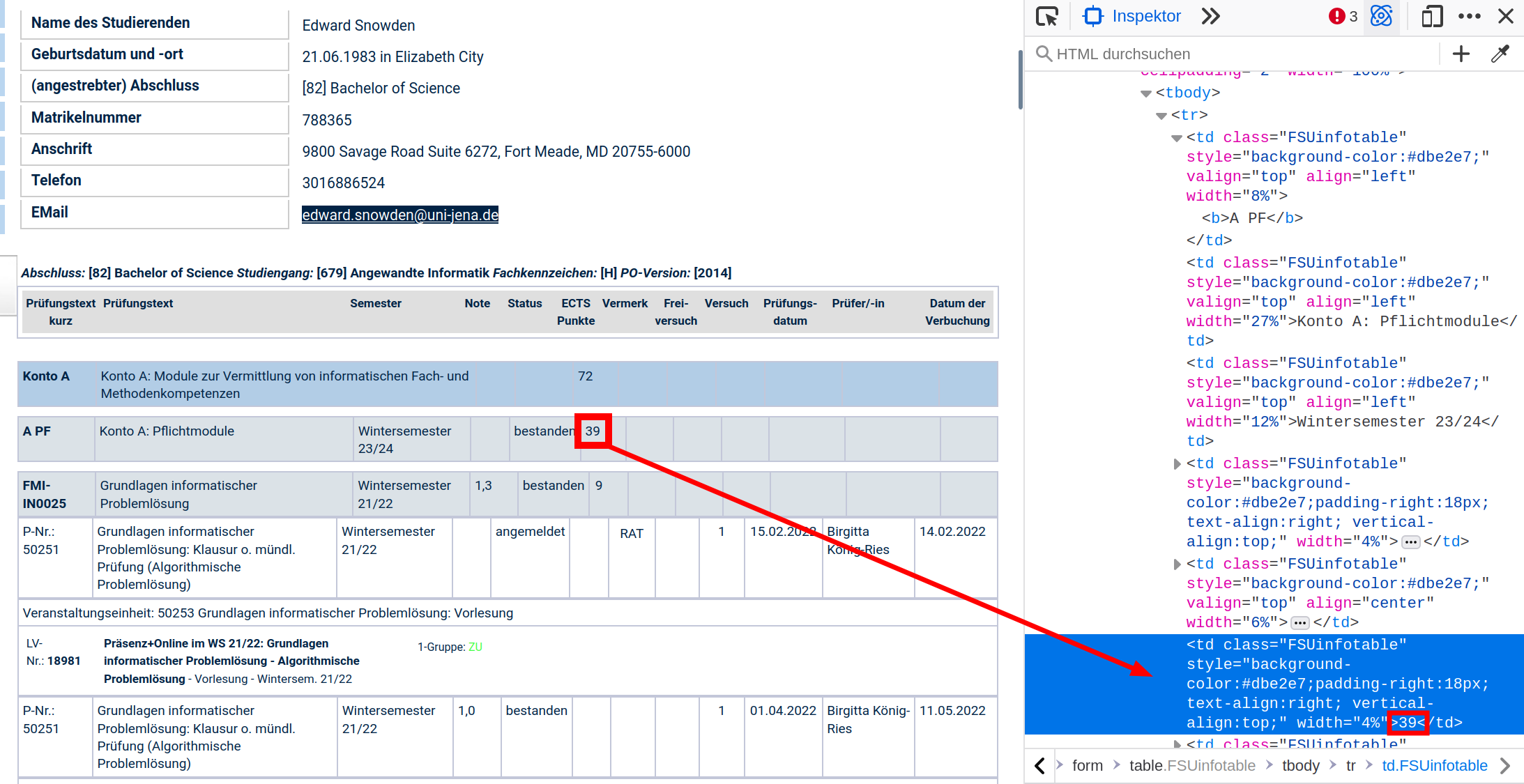 Screenshot of the Friedolin website showing
 the ECTS in a sub-account heading