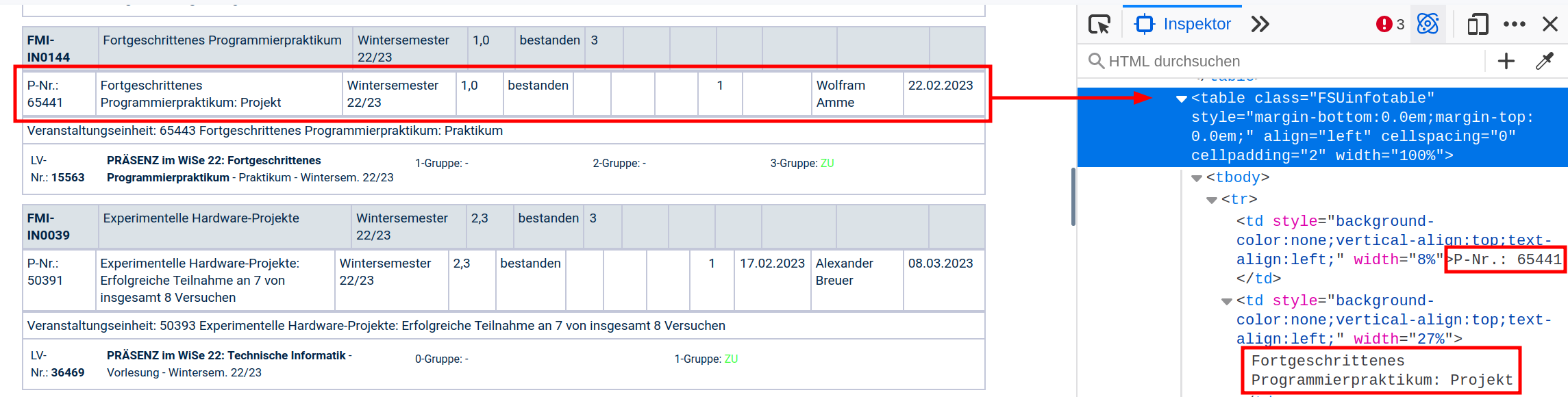 Screenshot of the Friedolin website showing an exam
 table in the grades table