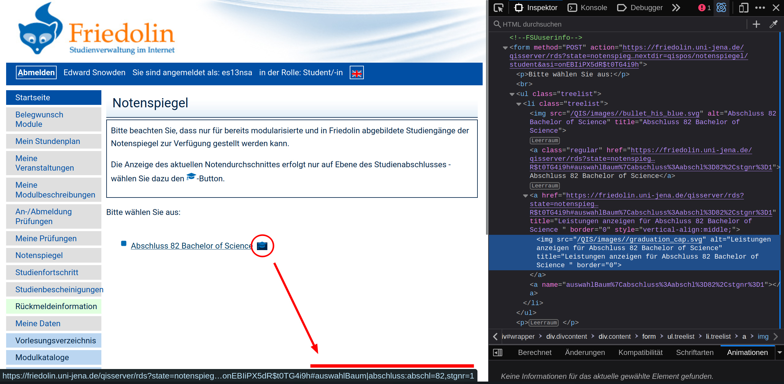 Screenshot of the Friedolin website showing the
 parameters required to access the grades table