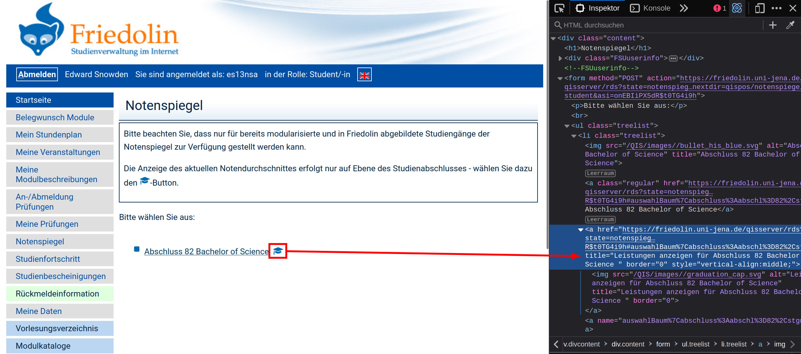Screenshot of the Friedolin website showing the
 URL to the grades table