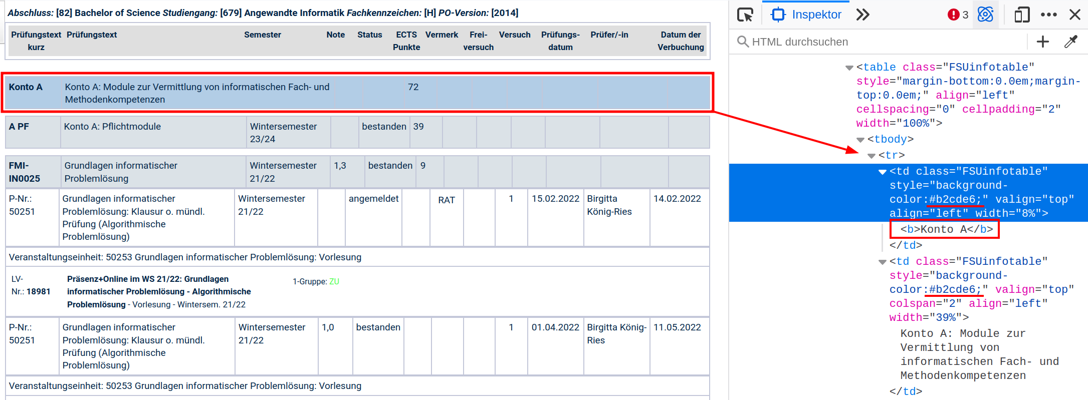 Screenshot of the Friedolin website showing an
 account heading in the grades table