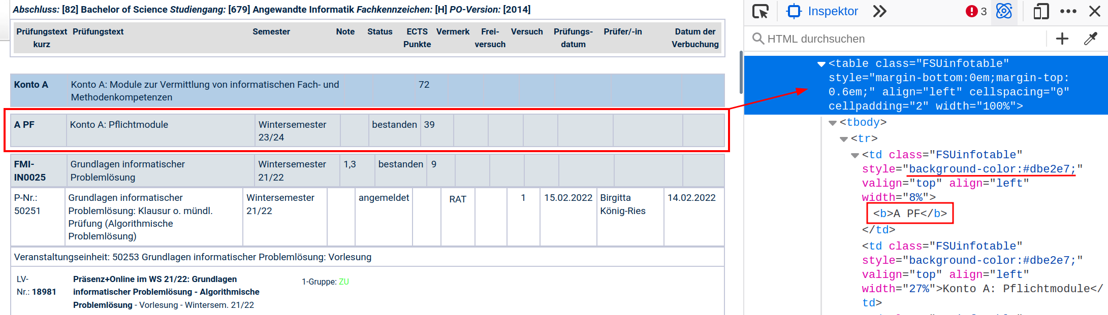 Screenshot of the Friedolin website showing
 a sub-account heading in the grades table