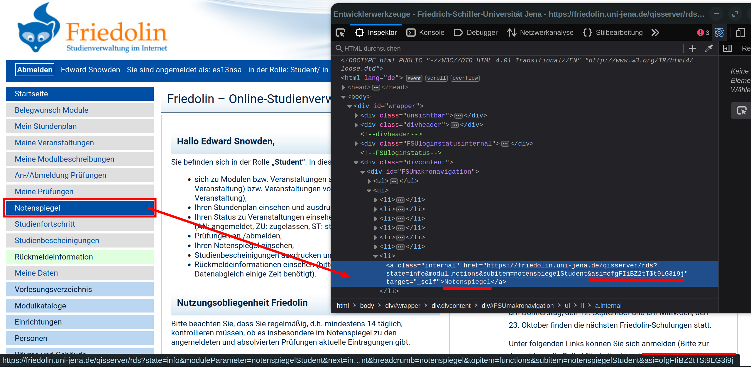 Screenshot of the Friedolin website showing the URL
 secret parameter