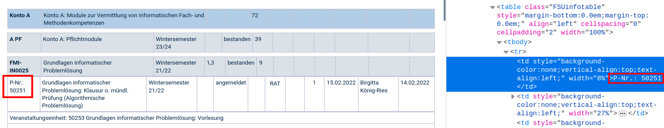 Example exam number from the grades table