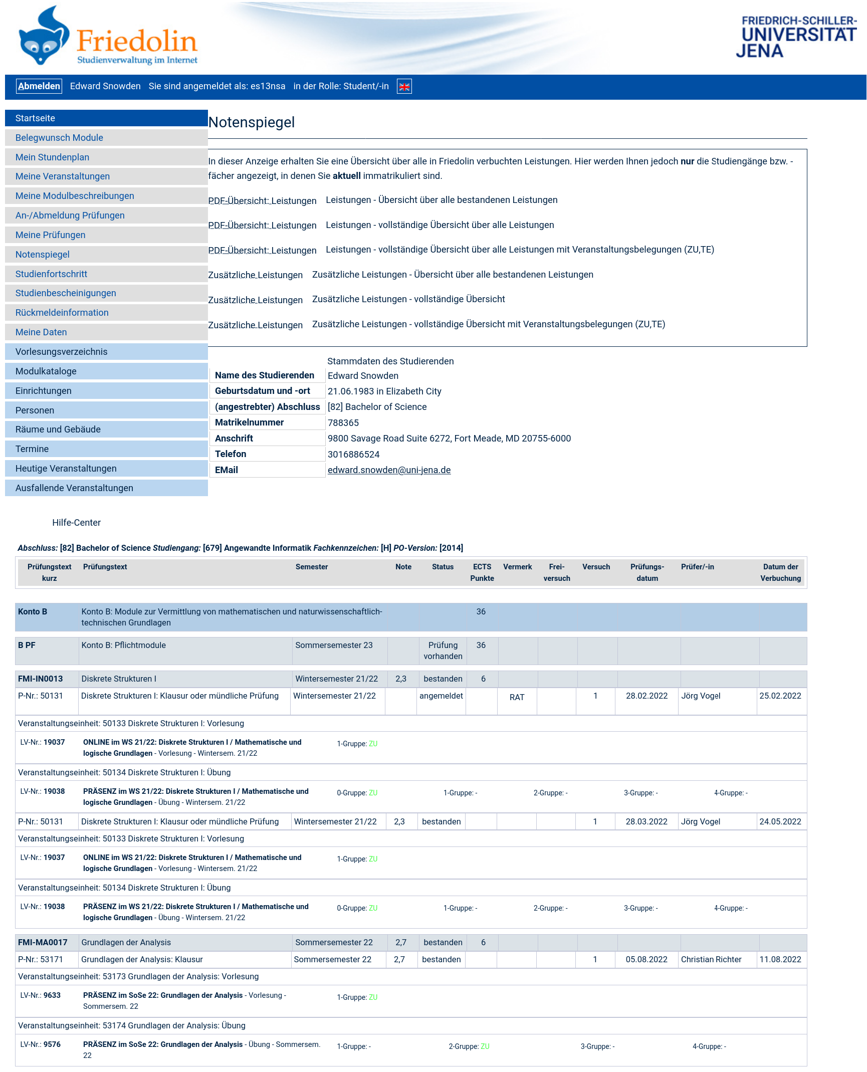 Example grades table from the grades table