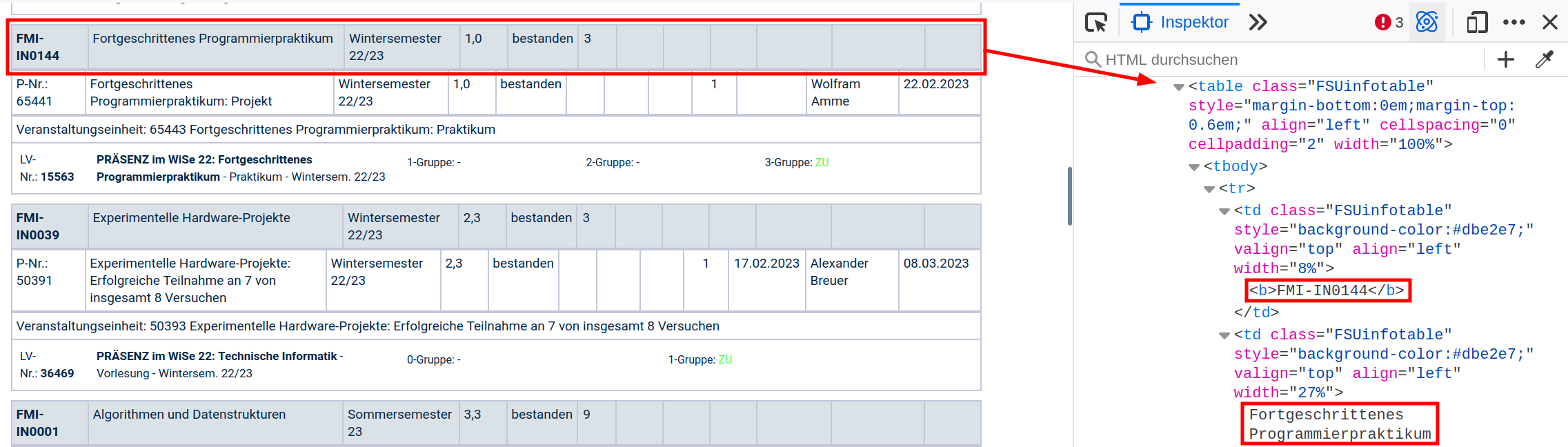 Example module table from the grades table